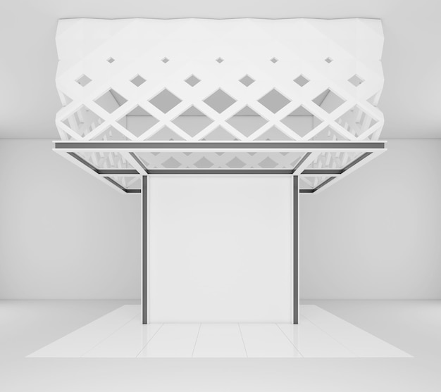 Empty booth mockup with white wall and white floor. 3d rendering