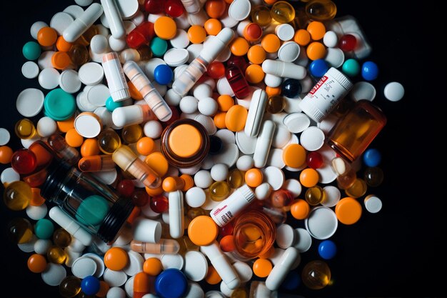 Photo empty bottle sits atop pile of pills