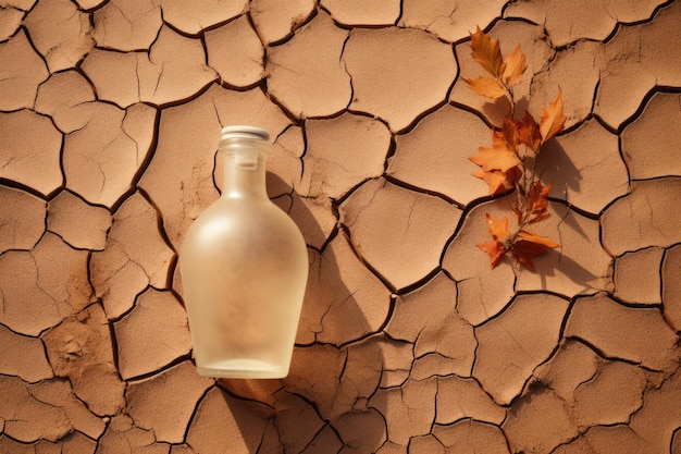 An empty bottle sits on dehydrated ground symbolizing the harsh reality of water scarcity