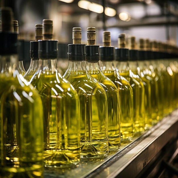 empty bottles ready to be filled with of olive oil travelling along the production line inside a