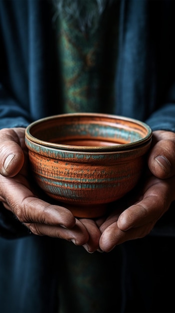 Empty bowl held by elderly hands symbolizing the stark reality of hunger Vertical Mobile Wallpaper