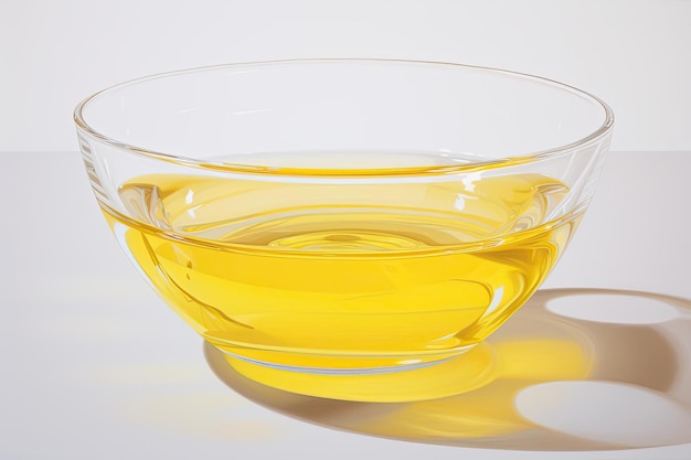 An empty bowl of oil is shown in the background in the style of transparent translucent medium