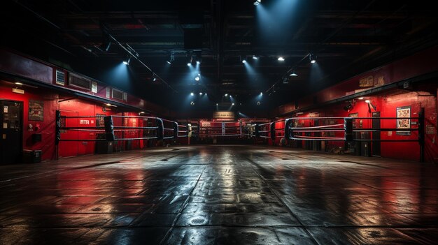 Photo empty boxing ring in dark interior