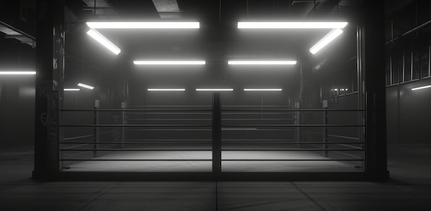 Empty boxing ring dramatically lit by overhead neon lights in a dark venue