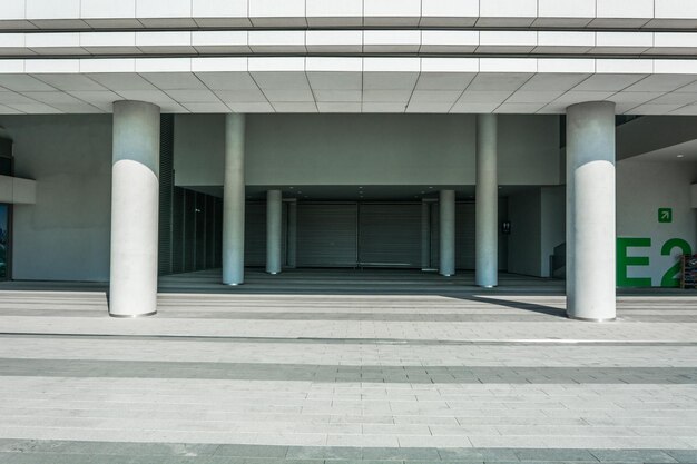 Empty brick floor with cityscape of modern city