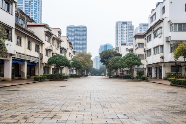 Photo empty brick floor with modern buildings in shanghai