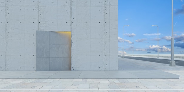 Empty brick floor with modern concrete building 3d rendering