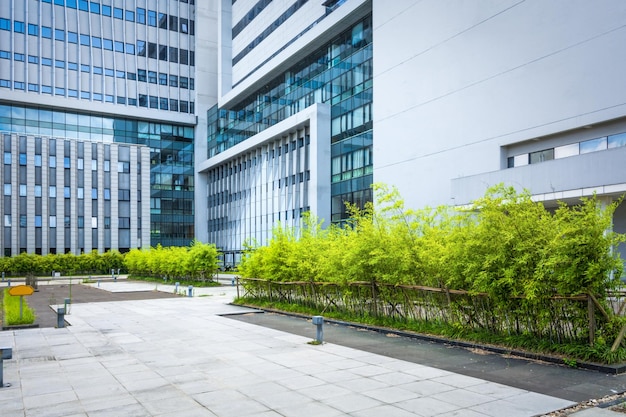 Empty brick road nearby office buildingchina