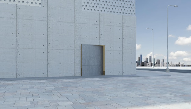 Empty brick road with modern concrete buildings with cityscape background. 3d rendering