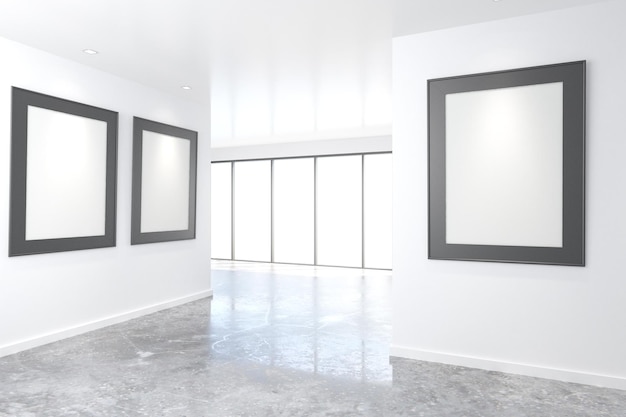 Empty bright art gallery with blank pictures on the walls mock up 3D Render