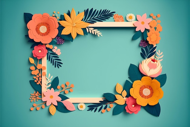 Empty Bright Paper Flower Frame on Teal Background