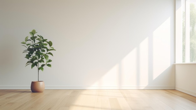 Empty bright room with window and plants in pots