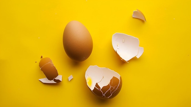 Empty broken chicken eggshell on yellow background