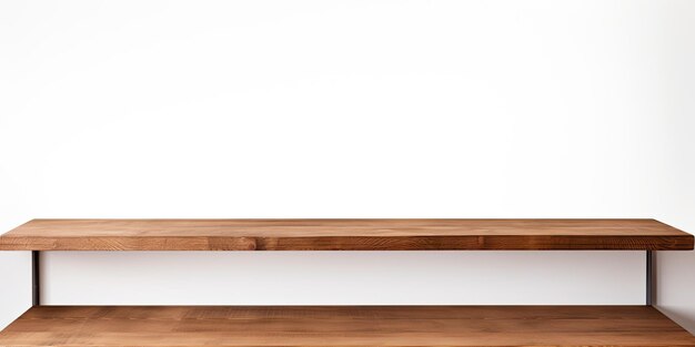 Empty brown table top shelves in front of a white background