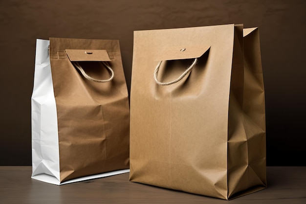 Empty brown and white Kraft paper bags on cloth Packaging mockup