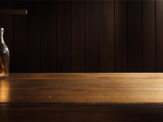 Empty brown wooden table with blurry wall in dark room background Ready for product presentation display copy space for your text