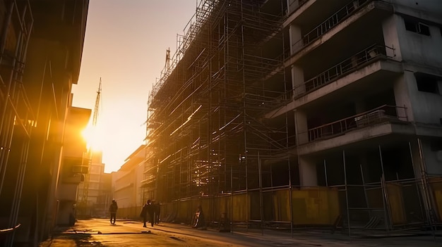 An empty building construction area in the evening sunset when people go back to home