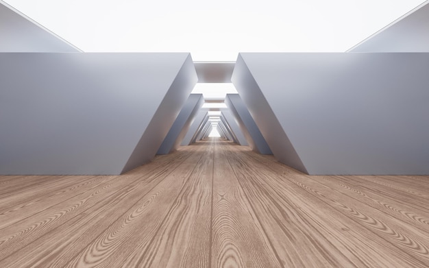 Empty building structure with wood floor 3d rendering