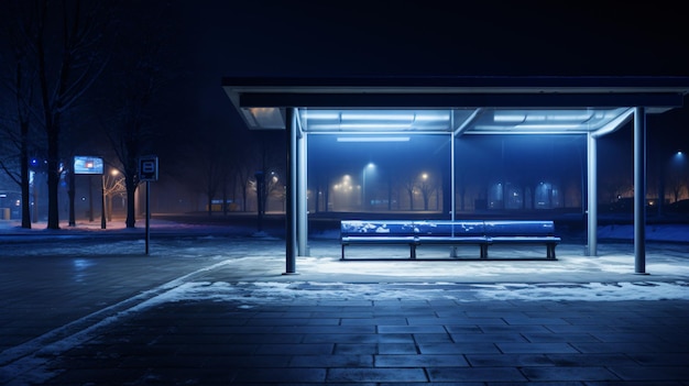 Photo empty bus station at night in winter with copy space