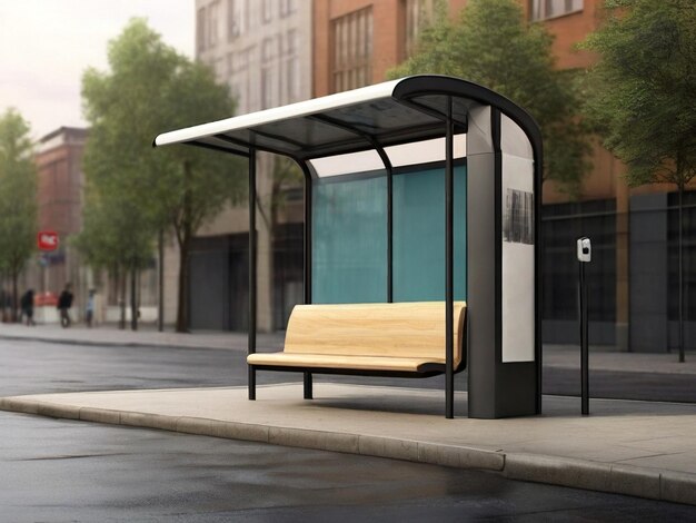 3Dレンダリングの街のベンチで空のバス停