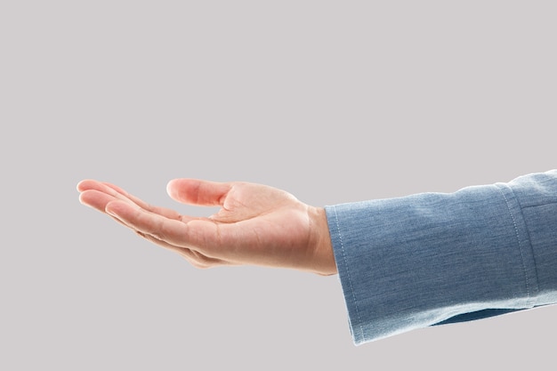 Empty businesswoman hand holding isolated on gray