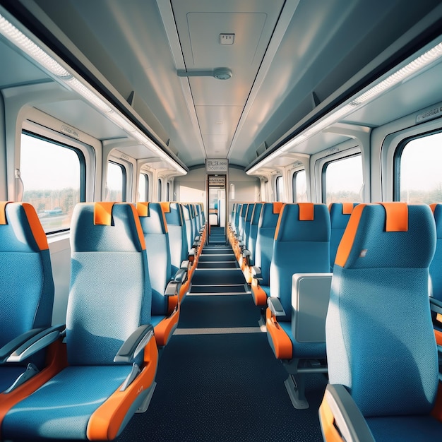 Empty cabin of a modern passenger train Empty blue seats inside train cabin corridor Generative Ai