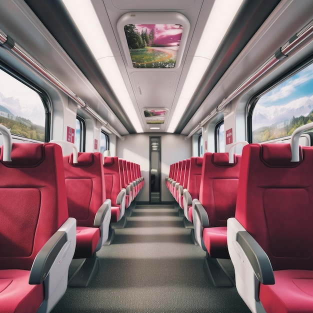 Empty cabin of a modern passenger train Empty blue seats inside train cabin corridor Generative Ai