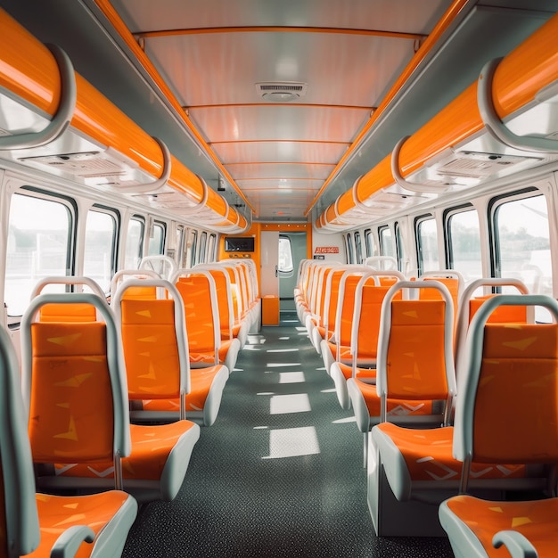 Empty cabin of a modern passenger train Empty blue seats inside train cabin corridor Generative ai