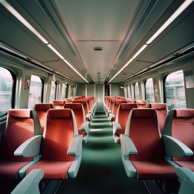 Empty cabin of a modern passenger train Empty blue seats inside train cabin corridor Generative ai