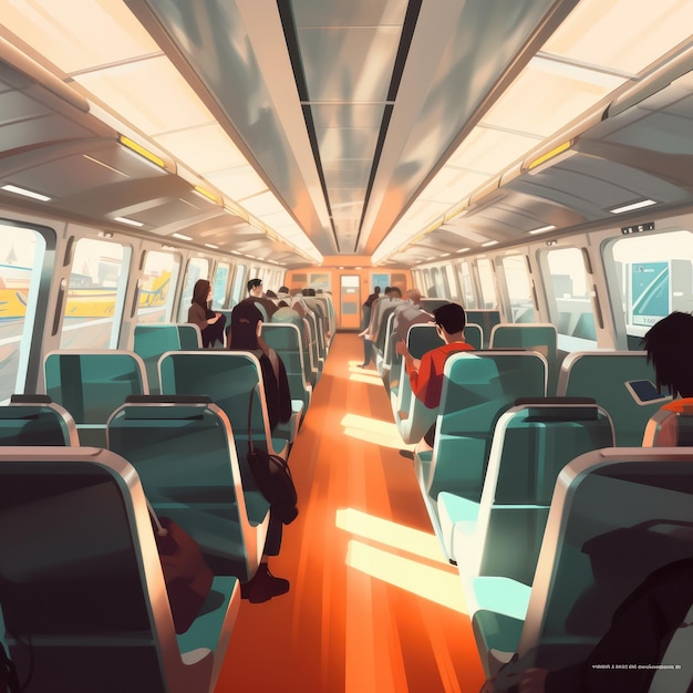 Empty cabin of a modern passenger train Empty blue seats inside train cabin corridor Generative ai