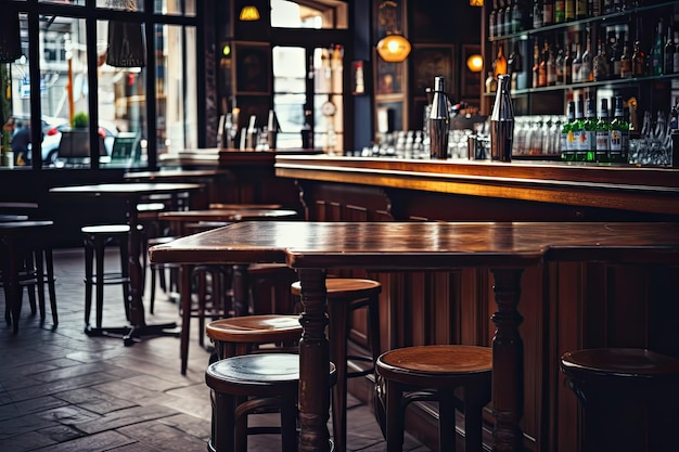 Empty Cafe with Bar Tables HighTable Counters and Desk in PubLike Setting Ideal for Cafeterias