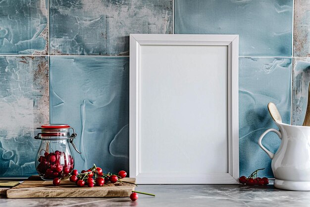 Фото Пустой макет каркаса полотна на кухонном прилавке с голубым фоном плитки