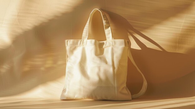 Empty canvas tote bag with soft shadows on a beige background