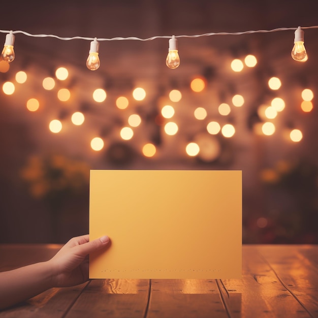 empty card on hand with decorative light bulbs background