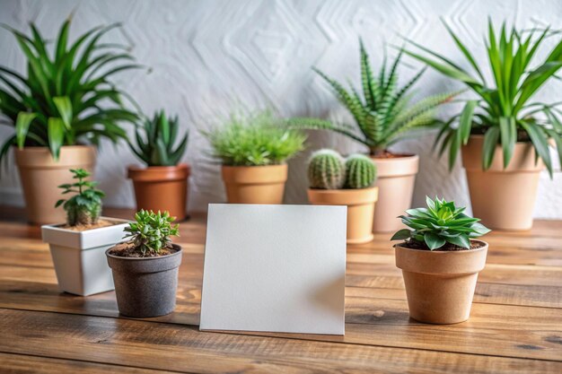 empty card and ornamental plants in pots on wooden