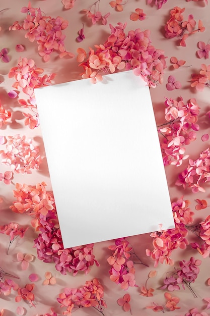 Foto scheda vuota con fiori rosa mock card su sfondo elegante per la presentazione o il design festosa e primaverile biglietto per la festa della mamma o per la festa della donna