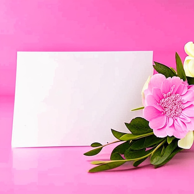 Empty card with pink flowers mock card up on stylish background for presentation