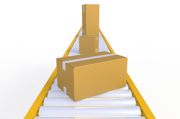 Photo empty cardboard box on yellow conveyor line