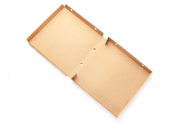 Empty cardboard pizza box isolated on white background