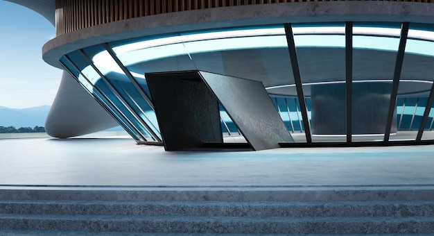 Photo empty cement floor with steel and glass modern building exterior