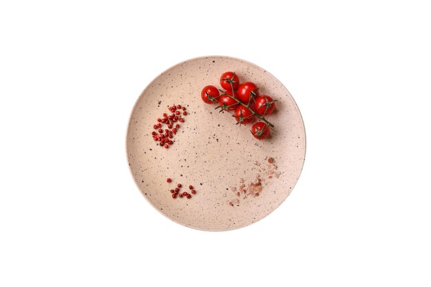 Empty ceramic plate on a dark textured background Preparing kitchen utensils for a family dinner