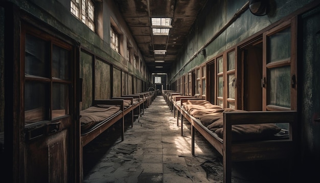 Empty chair by window in abandoned old home generated by AI