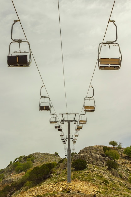 Empty chair lift on the mountainside in summer
