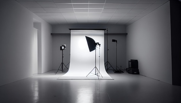 Photo empty chair and professional equipment in photographer's studio