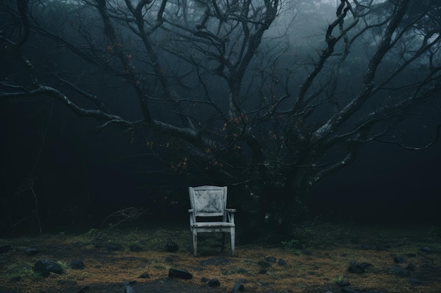 an empty chair sits in the middle of a dark forest