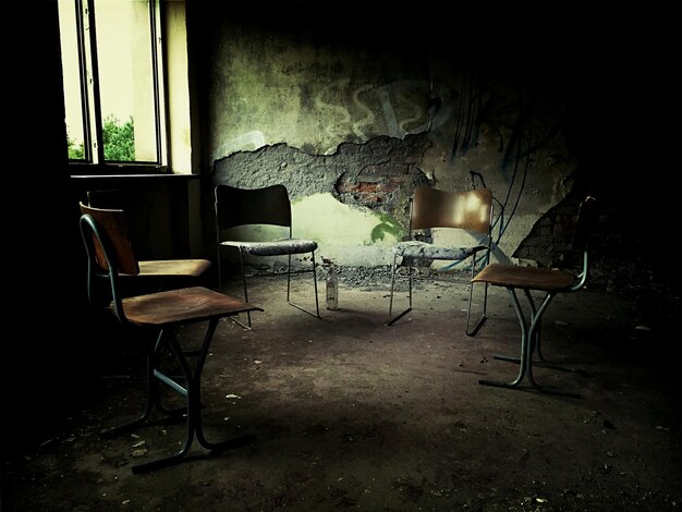 Empty chairs in abandoned room