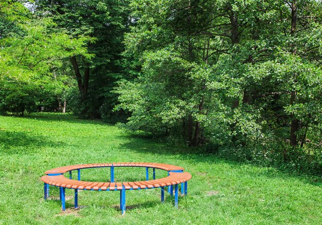 写真 公園の木の向こうの空の椅子とテーブル