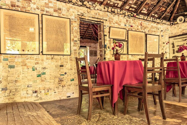 Empty chairs and tables against wall in building