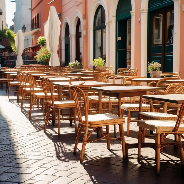 Empty Chairs and Tables Aligned in a Row