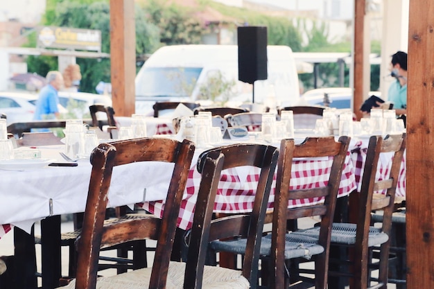 empty chairs and tables in restaurant